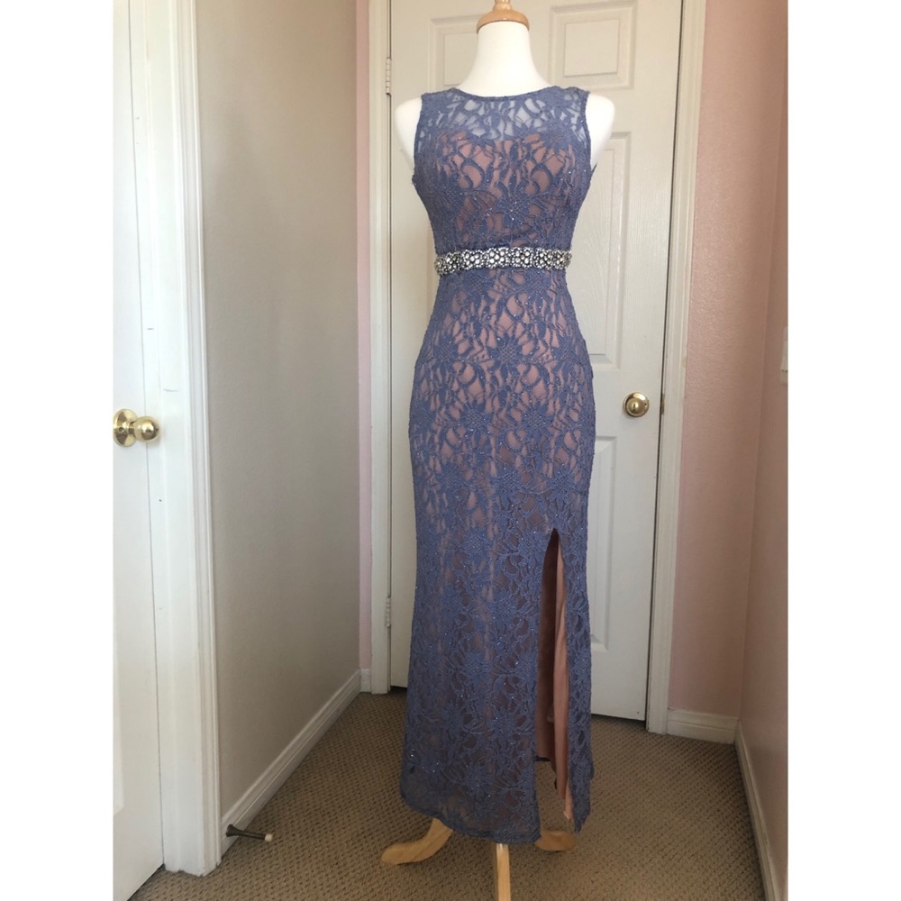 Lavender formal long gown with a slit